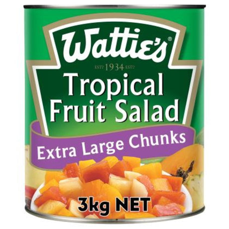 A 3KG jar of Wattie's tropical fruit salad with large papaya, pineapple, and guava chunks in lite syrup, perfect for toppings.