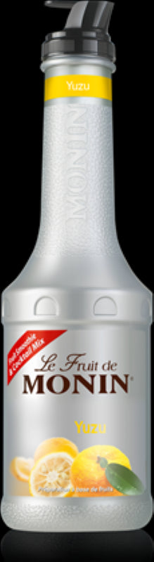 Bottle of Monin Puree Yuzu (1L) showcasing vibrant citrus flavor for cocktails and culinary creations.