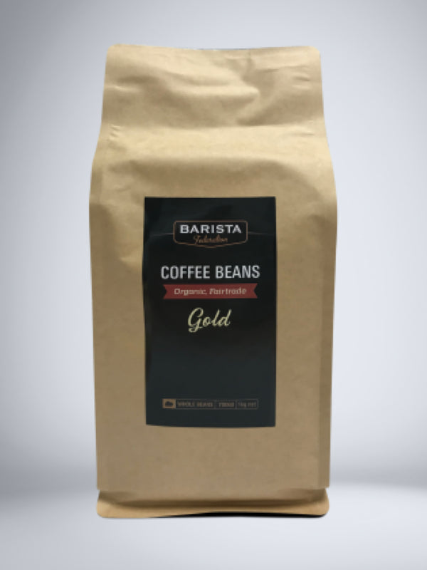 GOLD Organic FairTrade Coffee Beans from Barista Federation, 1KG pack, ideal for quality coffee lovers seeking sustainability.