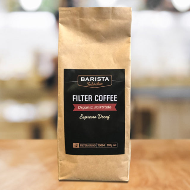 Ground espresso coffee from Barista Federation, 200g pack, Fair Trade, decaffeinated for smooth, rich flavor without caffeine.