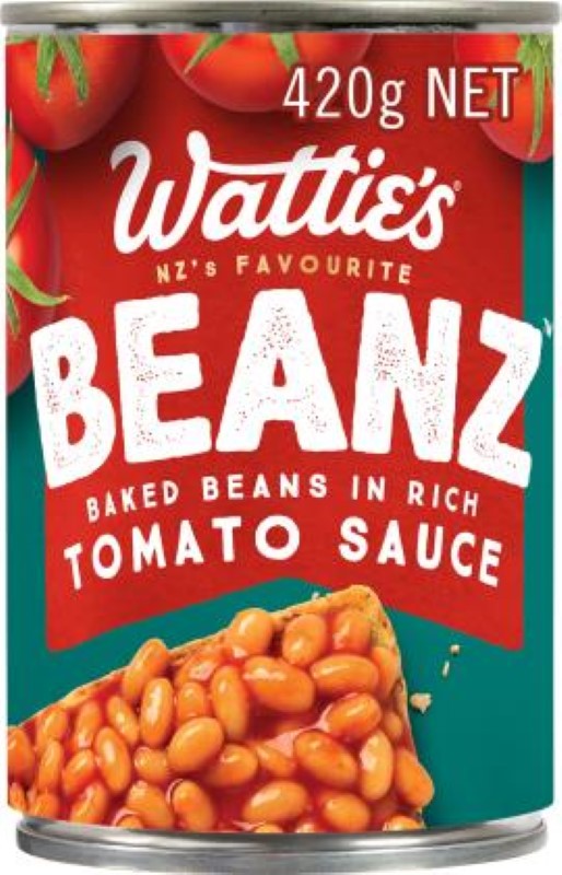 Wattie's baked beans in 420g can, made in New Zealand with local and imported ingredients.