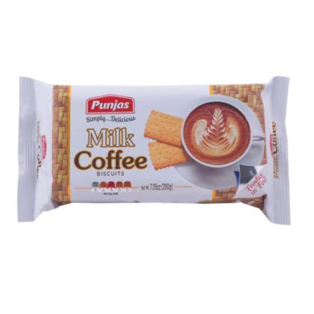 Punjas Biscuit Milk Coffee 200G pack featuring crispy biscuits with creamy milk and rich coffee flavor from Fiji.