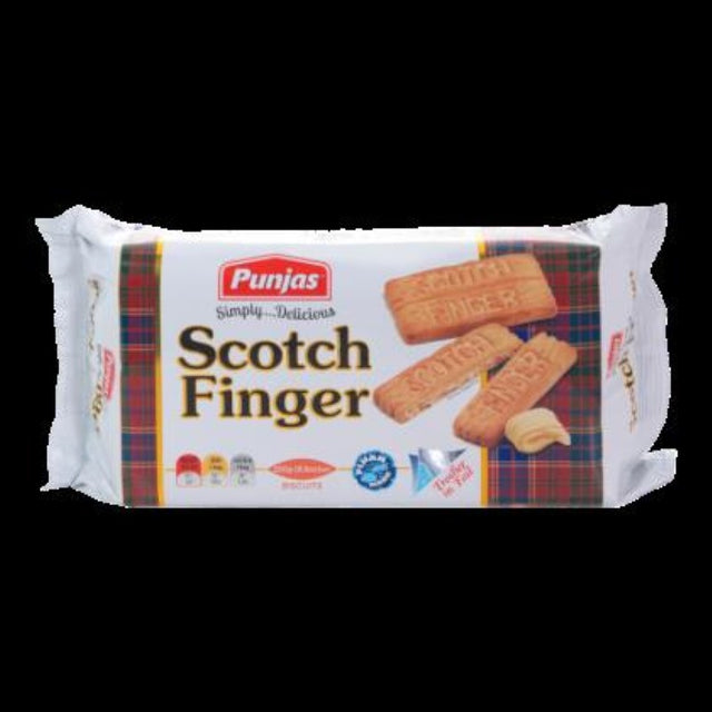 Punjas Scotch Finger biscuits, 250g pack, featuring crunchy, buttery treats perfect for tea or snacking. Made in Fiji.