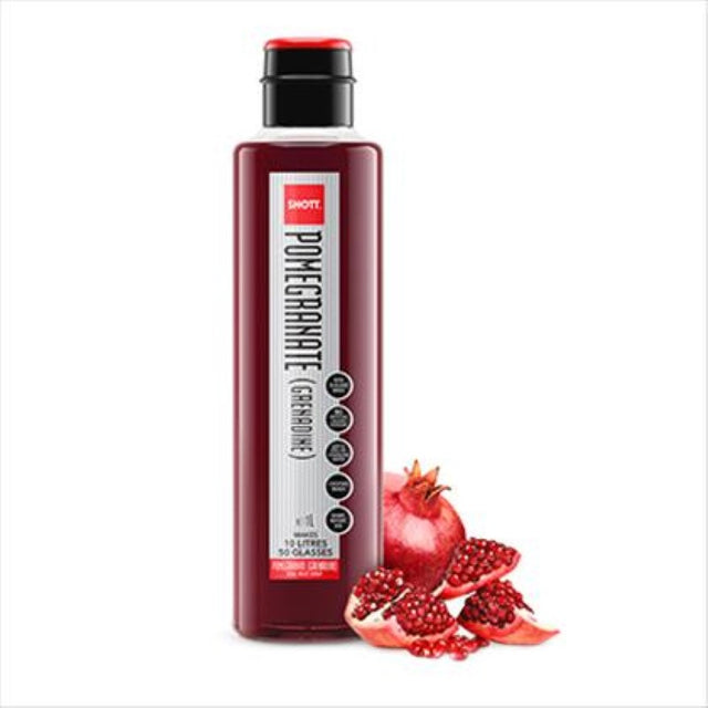 SHOTT Pomegranate Grenadine Syrup 1L bottle, all-natural, perfect for cocktails, desserts, and elevating flavors.