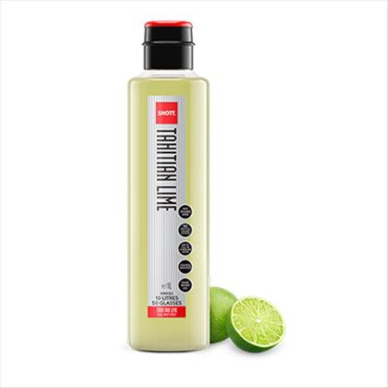 A 1-liter bottle of SHOTT Natural Tahitian Lime Syrup, ideal for enhancing cocktails and desserts with zesty lime flavor.