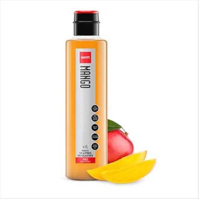 1L bottle of SHOTT Natural Mango Syrup, made from New Zealand mangoes for cocktails, smoothies, and desserts.