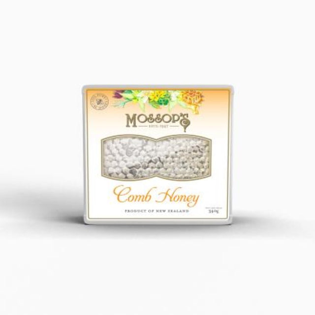 Natural Mossop's Honey Comb from New Zealand, 340g pack, perfect for spreading or enhancing recipes with pure sweetness.