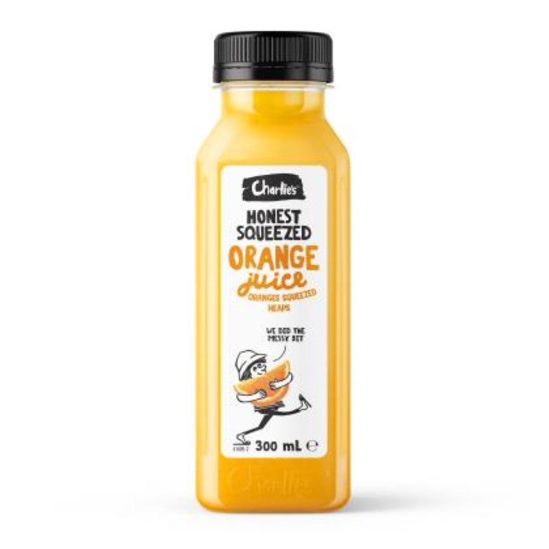 Charlie's Honest Orange Juice 12-pack, 300ml bottles, 100% natural, vitamin-rich, refreshing Australian flavor.