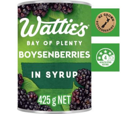 Wattie's Boysenberries in Syrup - 425g jar of juicy boysenberries, perfect for desserts and breakfast toppings. Made in New Zealand.