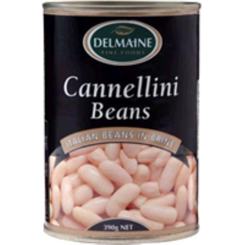 Delmaine Cannellini Beans in Brine, 390g, ideal for soups, salads, and casseroles with creamy texture and nutty flavor.