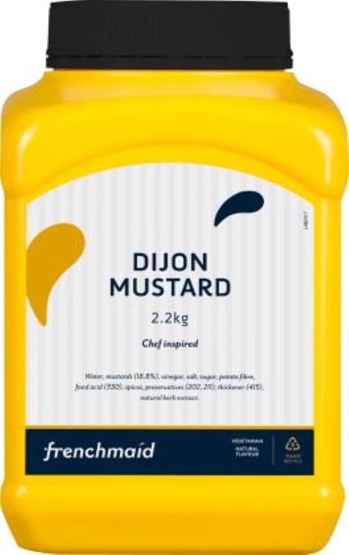 A 2.2KG jar of Frenchmaid Dijon mustard, perfect for enhancing meats, fish, and vegetarian dishes with gourmet flavor.