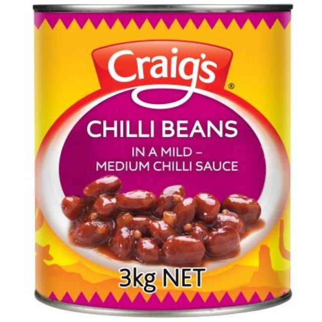 3KG pack of Craig's Chilli Beans, perfect for tacos, burritos, and salads, made with rich tomatoes and spices in New Zealand.