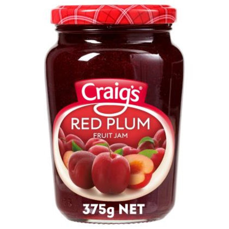 Rich red plum jam from Craig's, perfect for enhancing desserts and pastries, made in New Zealand, 375G jar.