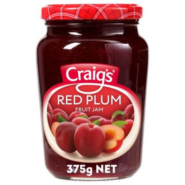 Rich red plum jam from Craig's, perfect for enhancing desserts and pastries, made in New Zealand, 375G jar.