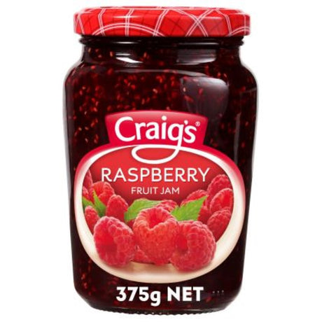 Jar of Craig's 375G Raspberry Jam, rich in flavor and made from New Zealand raspberries, perfect for breakfast spreads and desserts.