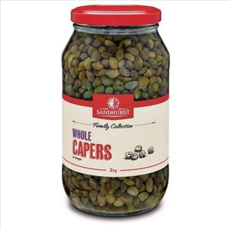 2KG pack of Sandhurst capers from Turkey, ideal for adding tangy Mediterranean flavor to salads, sauces, and meats.