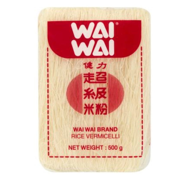 Wai Wai 500G rice vermicelli noodles, perfect for stir-fries and soups, showcasing delicate texture and authentic Thai flavor.