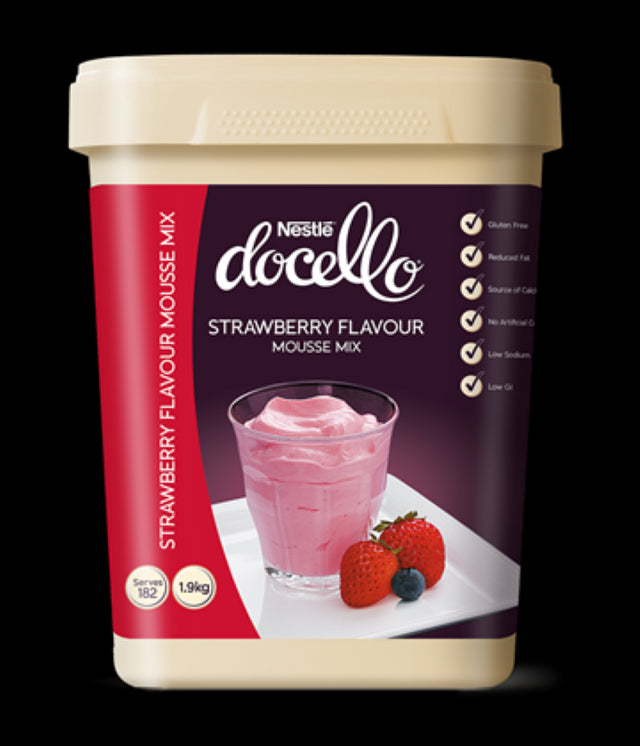 Luscious Nestle Docello Strawberry Mousse mix in a 1.9KG pack, gluten-free and low GI for delightful desserts.