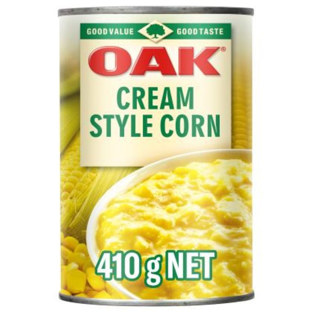 Creamy OAK Corn Cream Style in a 410g can, perfect for enhancing savory dishes like frittatas and muffins.