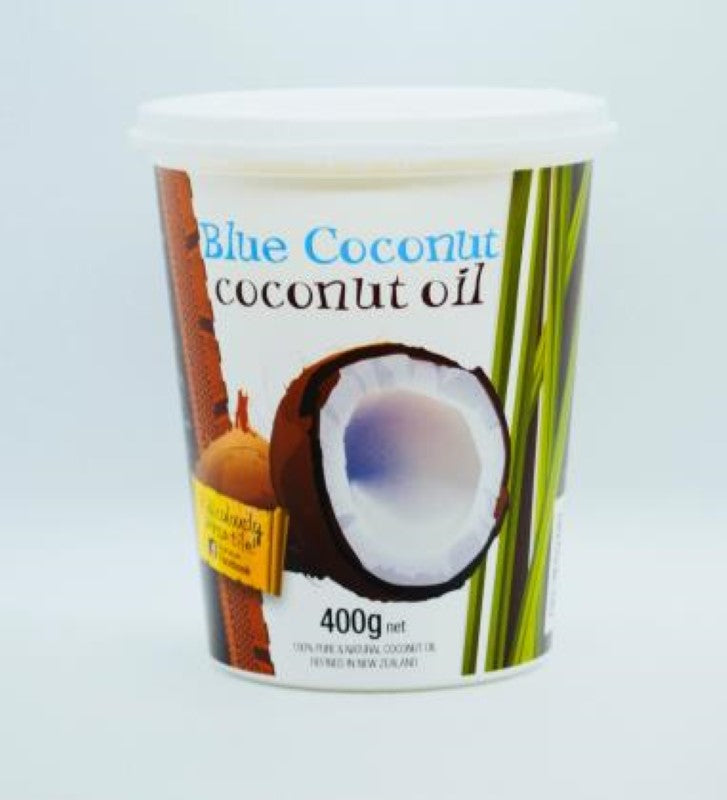 Refined Blue Coconut oil in a 400g pack, tasteless and odourless, perfect for versatile cooking and healthy meal preparation.