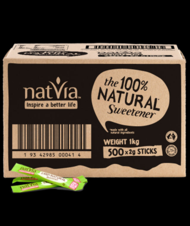 Natvia Sweetener PCU 2g packets, 500 count, natural sugar alternative for guilt-free sweetening.