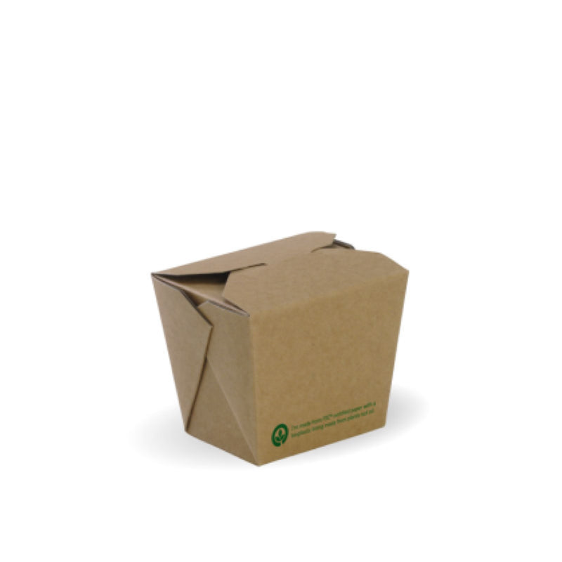 Eco-friendly 8oz brown lined noodle boxes, made from FSC certified paper with bioplastic lining, pack of 50 for takeout or catering.