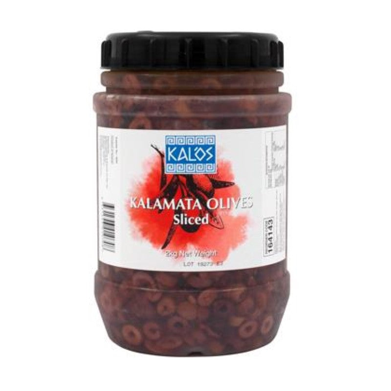 Sliced Kalamata olives in 2KG pack, rich in flavor and ideal for Mediterranean dishes, salads, and gourmet cooking.