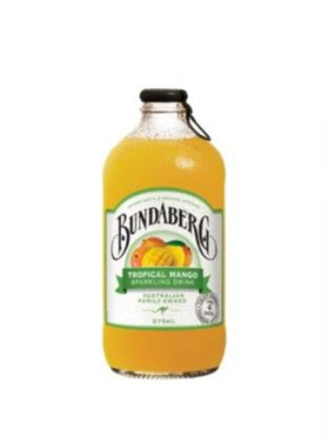 Twelve 375ml bottles of Bundaberg's Tropical Mango drink, featuring Australian mango flavor for a refreshing experience.