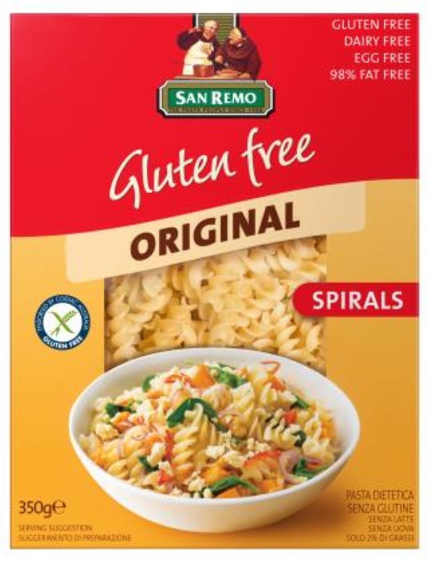 Gluten-free pasta spirals by San Remo, 350g pack, perfect for healthy, delicious meals without gluten, dairy, or eggs.