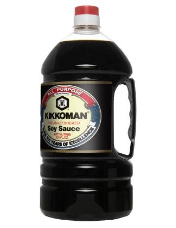 Kikkoman Soy Sauce 3L bottle, ideal for enhancing flavors in cooking and marinating, made in Singapore.