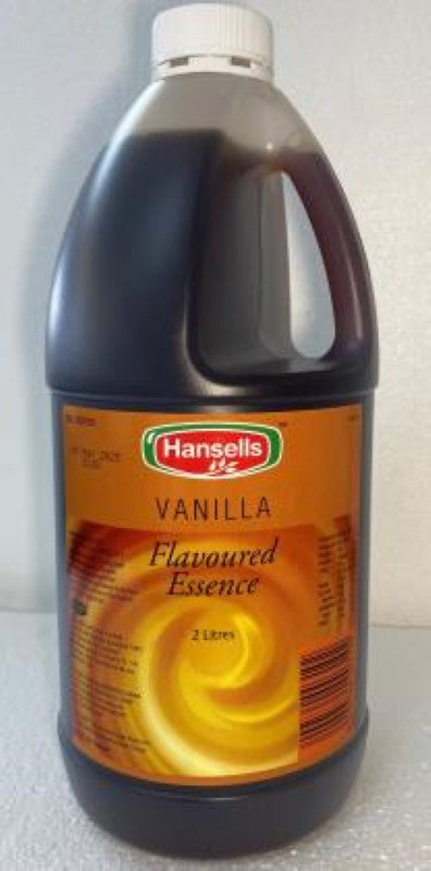 2L bottle of Hansells Essence Imitation Vanilla, ideal for enriching baked goods with smooth, sweet vanilla flavor.