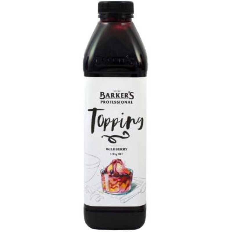 Glossy dark red wildberry sauce by Barkers, blending blackberries, blackcurrants, boysenberries, and raspberries for desserts.