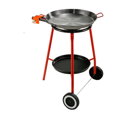 Paella Gas Burner Set featuring a 46cm carbon steel pan, 40cm burner, and mobile stand for authentic Spanish cooking.