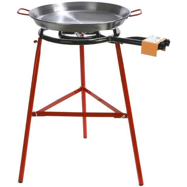 3 Piece Paella Pan Stand Set featuring a 50cm carbon steel pan, iron stand, and enamel-coated burner for outdoor cooking.