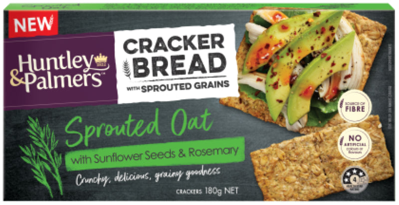 Cracker Bread Sprouted Oat from Huntley & Palmers, infused with sunflower seeds and rosemary, perfect for healthy snacking.