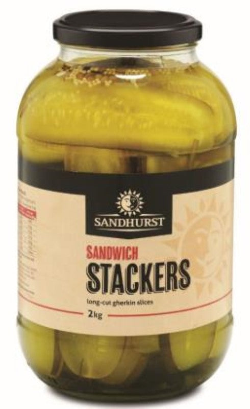 Crunchy Sandhurst gherkins in long cut, 2KG pack; perfect for sandwiches, burgers, and gourmet dishes.