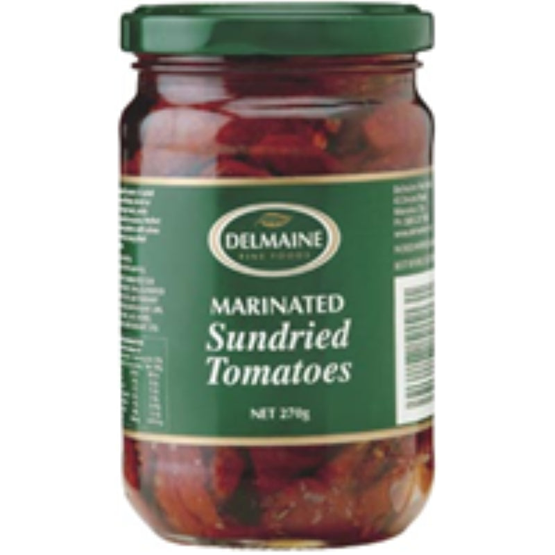 Delmaine Sundried Tomatoes in oil, 270g, with rich flavor, garlic, and herbs, packaged in a vibrant red jar.