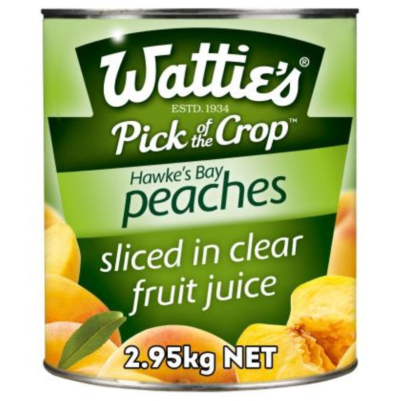 Juicy peach slices in clear fruit juice, perfect for desserts and breakfast, packaged in a 3KG can by Wattie's.