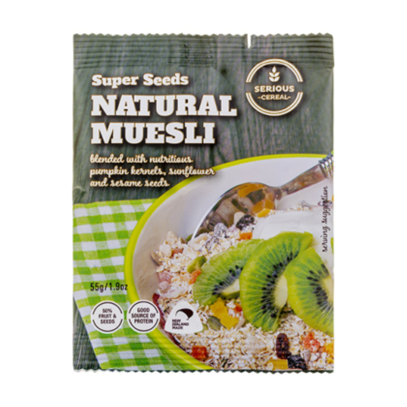 Nutritious muesli sachets with super seeds, fruits, and high protein for a healthy breakfast on-the-go. 48 packs of 55g each.