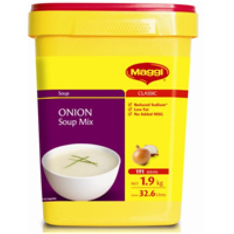 Maggi Soup Onion 1.9KG pack, rich in flavor, perfect for quick and comforting meals or as a base for stews.