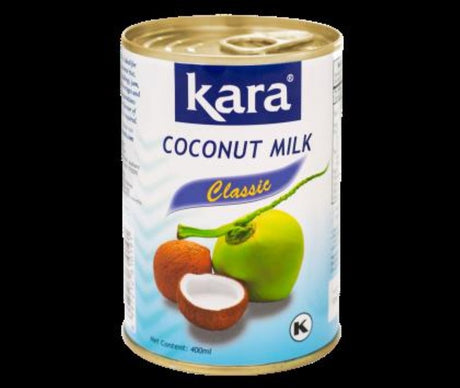 Kara Coconut Milk in a 400ml can, creamy and dairy-free, perfect for cooking and baking with a tropical flavor.