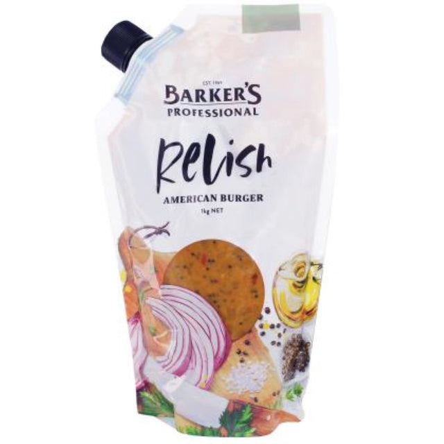 Barkers' 1KG Relish American Burger, a tangy condiment ideal for grilling and elevating burgers, hot dogs, and fries.