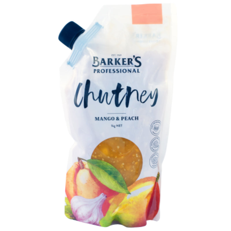 Barkers 1KG Mango Peach Chutney, a vibrant blend of sweet and tangy flavors, perfect for enhancing meals and snacks.