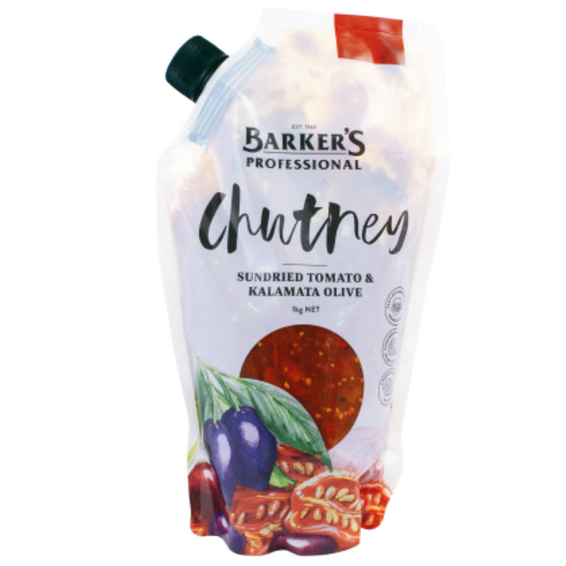 A 1KG jar of Barkers Chutney featuring sundried tomatoes and Kalamata olives, perfect for enhancing gourmet meals.