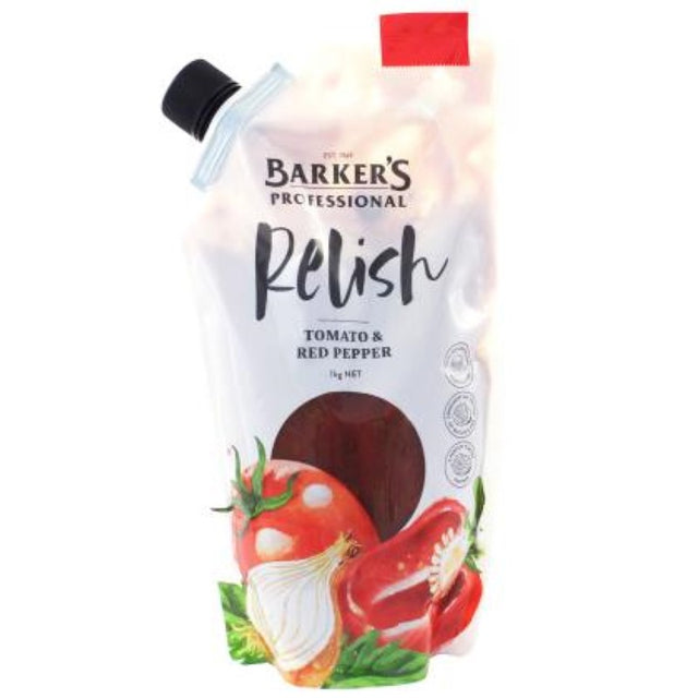 Barkers Relish Tomato Red Pepper, 1KG jar of zesty blend with tomatoes, onions, and red peppers, perfect for enhancing meals.