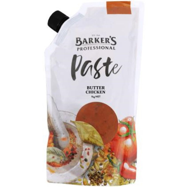 Barkers 1KG Paste Butter Chicken jar, showcasing rich, creamy flavors for easy, authentic home-cooked meals.