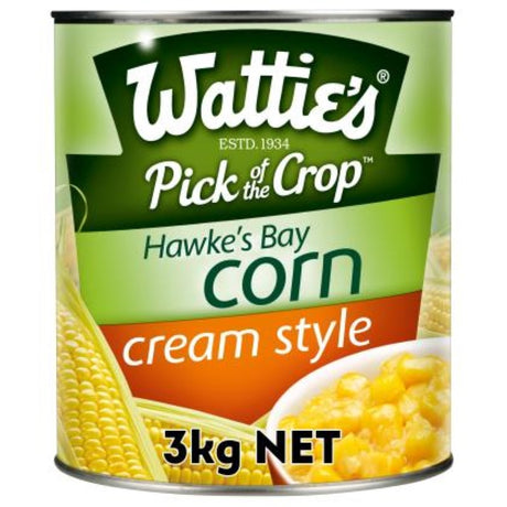 Wattie's Corn Cream Style 3KG can, featuring premium Hawke's Bay corn for creamy soups, casseroles, and baked goods.