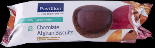 Gluten-free Biscuit Afghans from Pavillion, featuring 12 crunchy, chocolaty biscuits in a 180g pack, made in New Zealand.