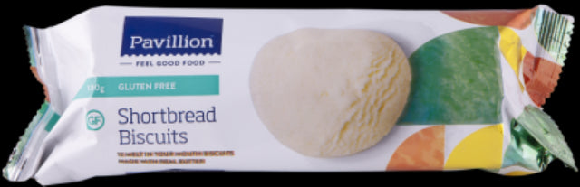 Gluten-free shortbread biscuits by Pavillion, 180g package, made with real butter for a rich, melt-in-your-mouth treat.