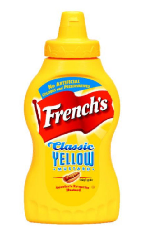 Bright yellow 226g French's American mustard bottle, perfect for adding tangy flavor to hot dogs and sandwiches.